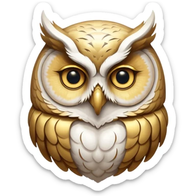 portrait of an ancient owl spirit known as “The White Owl of Oaths.”
Pale owl face emerging from mist and shadow.
No visible pupils, eyes glow softly gold or appear as deep void. 
Bone-white, warm gold, and soft shadow tones.
Centered, icon-style framing, limited palette sticker