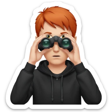 A red-haired, short-haired man without a beard, wearing a black hoodie, looks through binoculars sticker