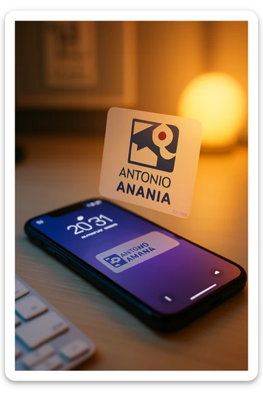A photo of an iPhone with the message "Antonio Anania" on its screen, both surrounded by soft light and shadow. The phone sits atop a desk with a blurred background that suggests work environment. A faint glow from above casts gentle shadows across the surface of each object, creating depth and highlighting their textures. sticker