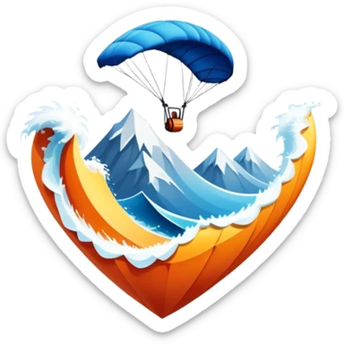 A bold emblem featuring a combination of symbols representing various extreme sports, like a mountain peak, a parachute, and a wave. The design is dynamic and sharp, capturing the thrill and adventure of extreme sports, with a strong, energetic vibe. sticker
