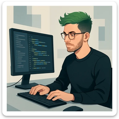 male software developer with green hair, working at a computer, modern style sticker