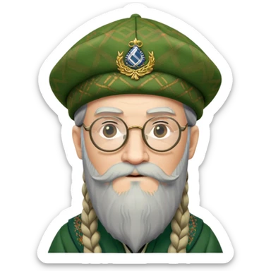 Dumbledore wear green scotland Tam o'shanter cap with decorative patterns, wear glasses, very long beard sticker