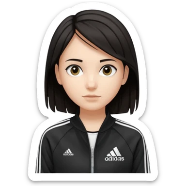 A girl with  medium length, dark hair, fair skin. The style is a soft, layered cut that falls around her shoulders. wore black Adidas track jacket with white stripes on the sleeves. It has a full zipper down the front, a stand-up collar, and the Adidas logo on the right chest emoji sticker