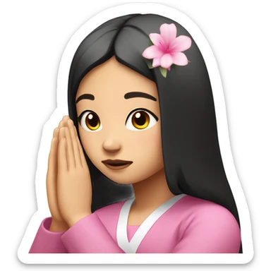 asian girl with black straight hair praying with pink flora in hair sticker