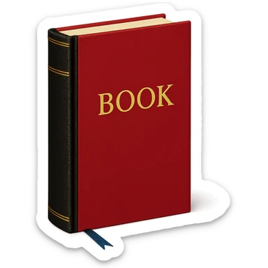 Book with red cover, gold lettering, black spine, blue bookmark, elegant literary style sticker