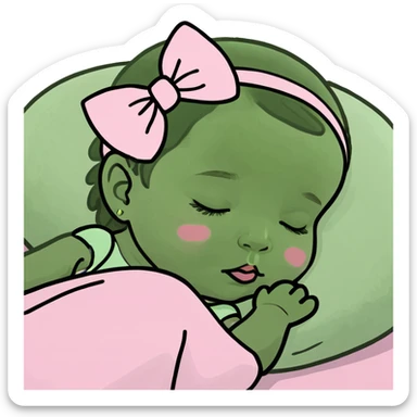 Brunette white baby girl sleeping pink bow sticker
