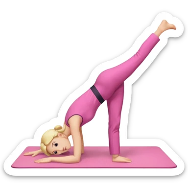 A fair-haired girl in a pink suit does a back bridge on a mat sticker