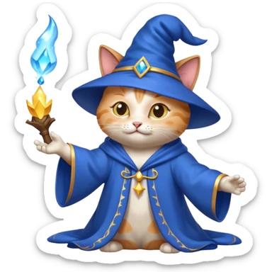 playful cat wizard casting a spell with sparkles and a blue robe sticker