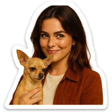Portrait for Instagram profile picture inspired by the facial features visible in the reference images, with a tanned complexion, subtle freckles, wearing a shirt color #FFF8CA and a rust-colored jacket, medium-length brown hair with auburn highlights, amused and mischievous expression, holding a beige-brown chihuahua, in the style of a Netflix series, intimate Tenerife ambiance, transparent background. sticker