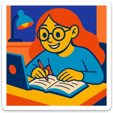 Make the girl smile, keep her long hair and specs, concentrating on her work, vibrant cartoon style with bright colors, dynamic shading, and expressive features. sticker