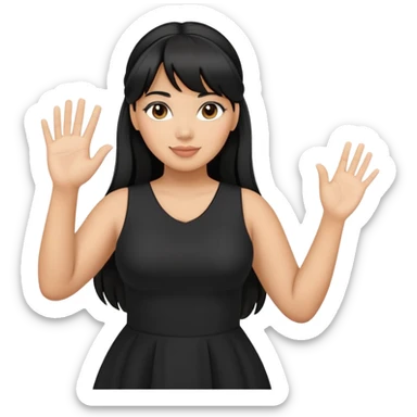 Latina girl with bangs black long hair in pony tail plus size black dress waving hand hello sticker