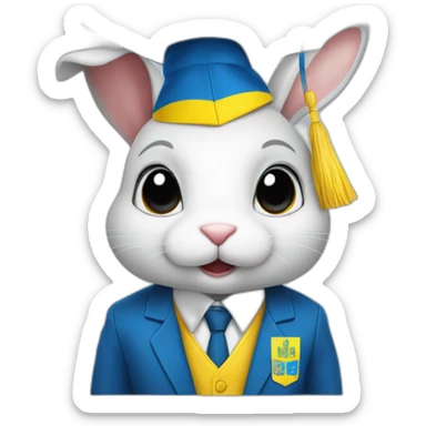 A rabbit student in a suit in the color of the Ukrainian flag in a square academic cap sticker