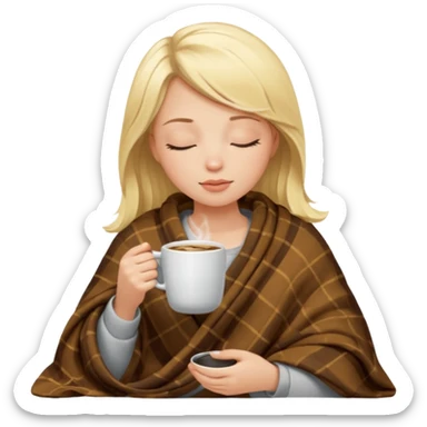Blonde girl inside a blanket sipping coffee eyes closed sticker