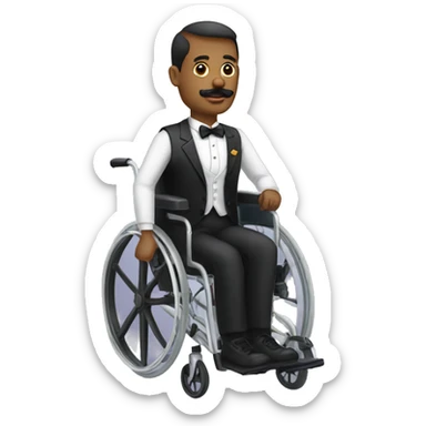 man on a wheelchair in a suite with a bow tie and mustache sticker