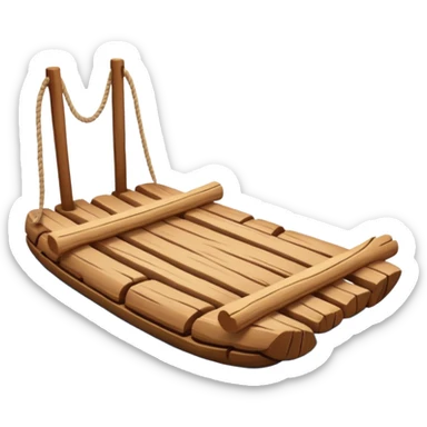 showing a simple wooden raft floating on calm blue water — made of several brown logs tied together with rope — gentle ripples around it — bright, cheerful lighting and soft shadows — minimalist, clean emoji design sticker