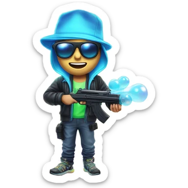 Caucasian boy in glowing rave gear with sunglasses and mask and hat and shooting a bubble gun sticker