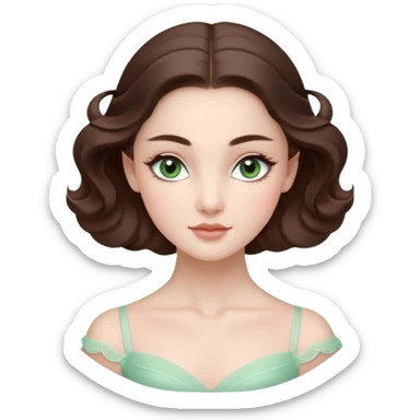 Cinema Realistic Ballerina Portrait, with porcelain-like skin featuring a natural rosy flush, illuminated by soft lighting that highlights the gentle contours of her face. Her Brunette hair flows in soft.Her deep green light eyes radiate framed by arched brows and long lashes. sticker