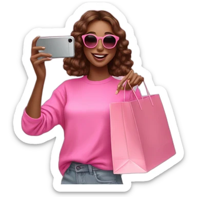 influencer taking selfie with a pink shopping bag sticker