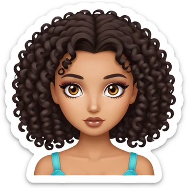curly dark hair, pretty eyes, pretty makeup, pretty bratz baddie sticker