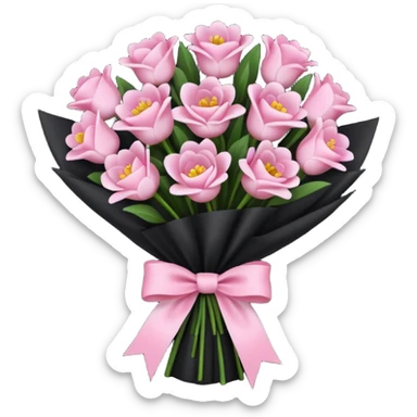 Create a baby pink and dark pink flowers bouquet with black wrap paper and with white bow sticker