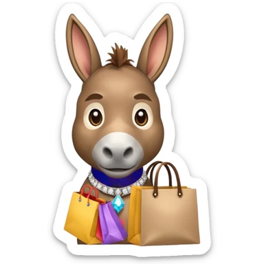 cute donkey with a diamond-studded collar, holding a shopping bag, looking spoiled and pampered, emoji style sticker