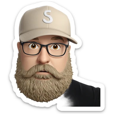 bearded man with baseball cap sticker