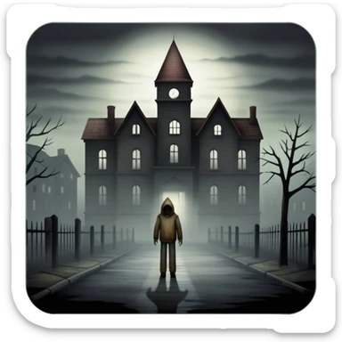 An icon representing a horror game, inspired by Silent Hill 2. The design features a foggy, eerie street with a shadowy figure in the distance. Creepy, dim lighting and dark, abandoned buildings set the tense atmosphere. Transparent background enhances the unsettling mood. sticker