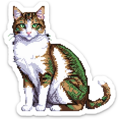 Brown, white, and black tabby cat with green eyes sitting to show its white belly, pixelated art sticker