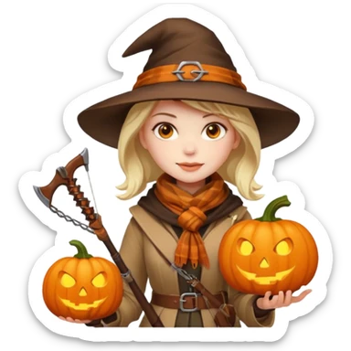 female human monster hunter emoji, wearing brown coat and hat, holding crossbow, soft smile, scarf, glowing pumpkin by her side, Halloween fantasy style, clean vector Apple emoji look, bright colors, white background, square sticker