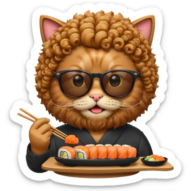 HAPPY CAT WITH CURLY HAIR AND A BIG BEARD wearing sunglasses and eating sushi sticker