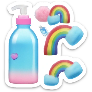 A blue UGGs, a cotton candy color water bottle, a rainbow hand sanitizer in the shape of a square sticker