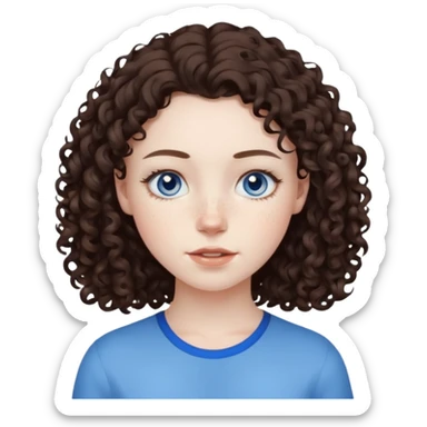 girl with dark brown curly hair, pale skin, blue eyes, some freckles, neutral expression sticker