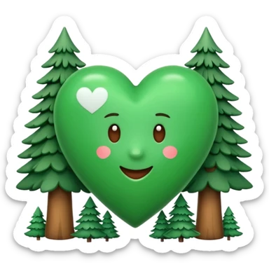 a big green heart emoji  with small pine trees behind it and i love you text on the front of the heart sticker