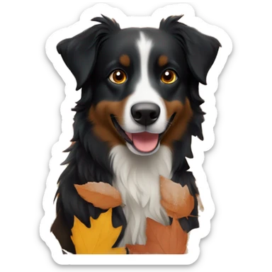 Small black australian shepherd dog in autumn leaves sticker