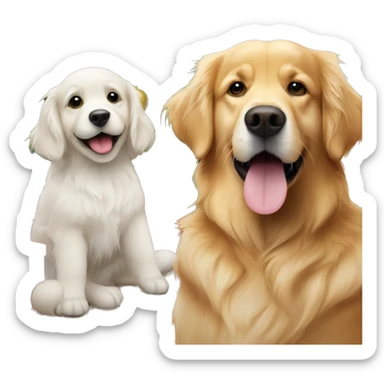 elderly golden retriever next to a christmas tree sticker