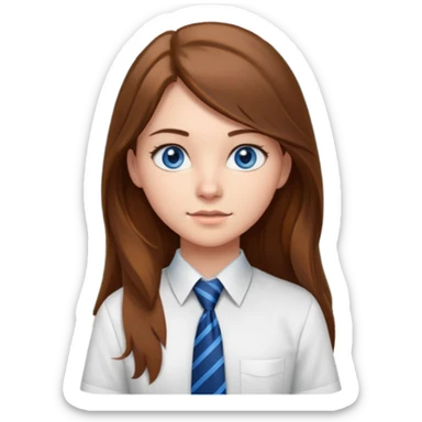 high school class room with a blackboard, with a pretty female high school student with long brown hair, blue eyes, wearing a tie sticker