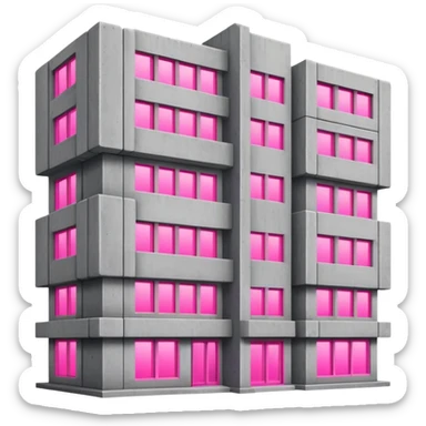 Brutalist gray concrete building with multiple windows where only one window glows bright pink and the rest are normal sticker