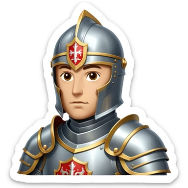 Clash of Clans aesthetic friendly Knight Portrait Emoji, With a noble, armored build featuring a gleaming suit adorned with intricate heraldry and a determined gaze behind a visored helm, his face rendered in a natural skin tone (not yellow), Simplified yet dynamic features, highly detailed, glowing with a cool, steely radiance, high shine, courageous and resolute, stylized with an air of chivalric valor, focused and stalwart, soft glowing outline, capturing the essence of a valiant knight ready to charge into epic quests with honor! sticker