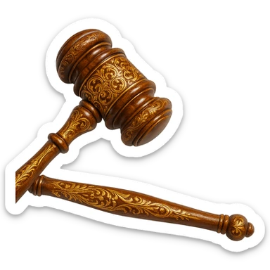a luxurious gavel with elaborate carvings, gold inlays, and a shiny finish sticker