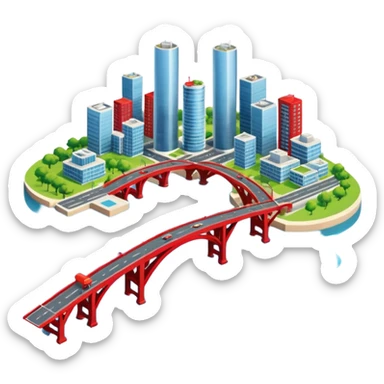 advanced modern island with advanced infrastructure with a red bridge on one side sticker