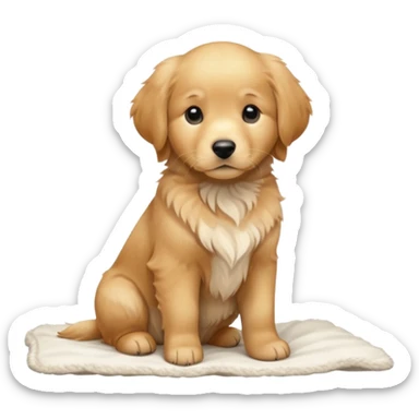 A Golden Retriever puppy standing peacefully on a soft blanket indoors. Cozy home environment, natural lighting, soft focus, adorable realism. sticker