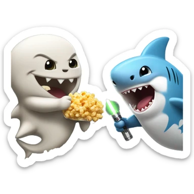 Baby shark and th rock having a lightsaber fight while eating popcorn  sticker