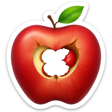 a partially eaten apple showing the core with a couple of leaves sticker