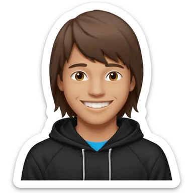 20 yr old man, brown hair, straight, big smile, white teeth, tanned skin, bangs, black hooded sweatshirt, long hair in back sticker