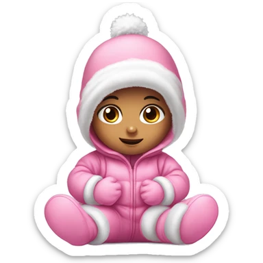 A cute baby girl wearing a pink snowsuit, snow. She has big eyes and long eyelashes, and is wearing a soft hat with two small balls on top. She is sitting down, playing with her hands covered by white gloves. sticker
