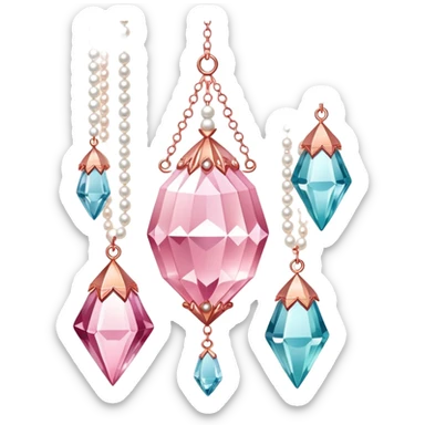 Rose-colored pastel glistening glossy sparkly shiny glittery hanging crystals pearls and beads and gemstones decorations sticker