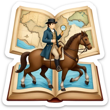 Collage for Reading Fiction: large open book with pages turning into with musketeers on horseback, Sherlock Holmes with standing nearby, treasure island map. The icon should evoke the adventure and romance of exploring fictional worlds. Transparent background sticker