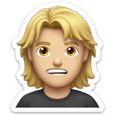 light haired angry young man in dark t-shirt with clenched fists over his head sticker