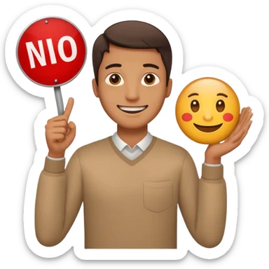 smiling man with a 'no problem' sign sticker