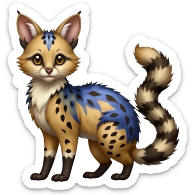  ink-black fur laced with oil-slick bronze and abyssal cobalt runes fur with random dark markings beautiful elegant pretty precious cute  Fakémon-Pokémon-opossum-feline-serval-caracal-chinchilla-Furret-Minccino-hybrid-creature with a big fluffy bushy tail (full body) sticker